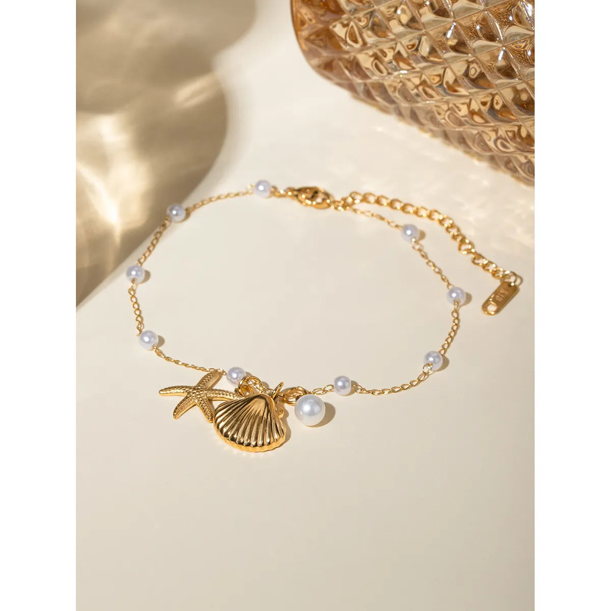 Beach Style Starfish & Shell Anklet with Imitation Pearls - 18K Gold Plated, Stainless Steel