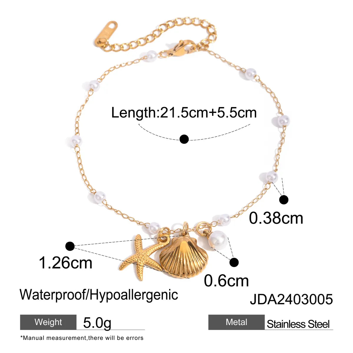 Beach Style Starfish & Shell Anklet with Imitation Pearls - 18K Gold Plated, Stainless Steel