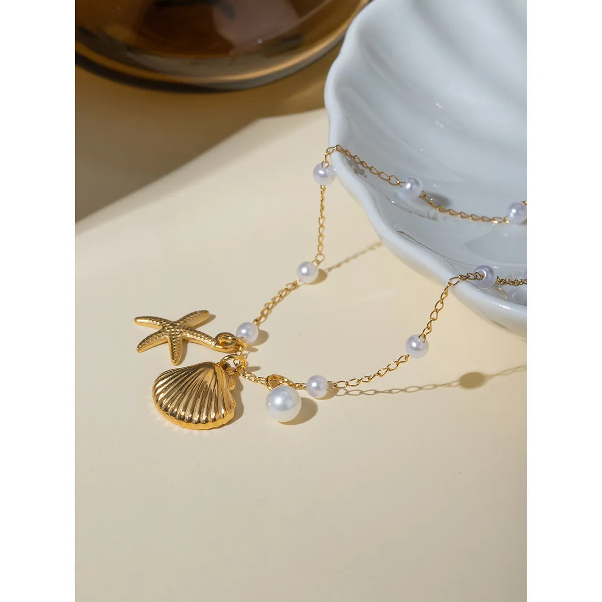 Beach Style Starfish & Shell Anklet with Imitation Pearls - 18K Gold Plated, Stainless Steel
