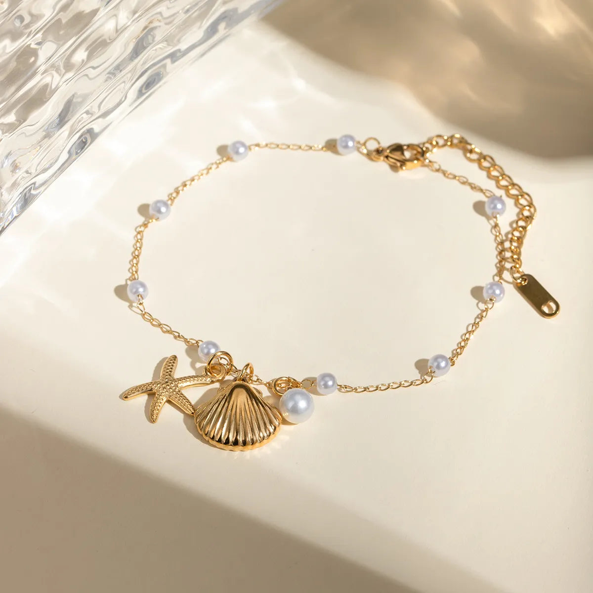 Beach Style Starfish & Shell Anklet with Imitation Pearls - 18K Gold Plated, Stainless Steel
