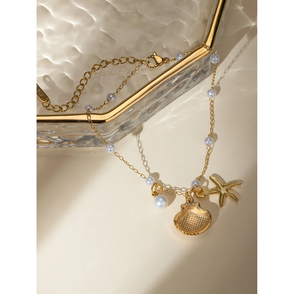 Beach Style Starfish & Shell Anklet with Imitation Pearls - 18K Gold Plated, Stainless Steel