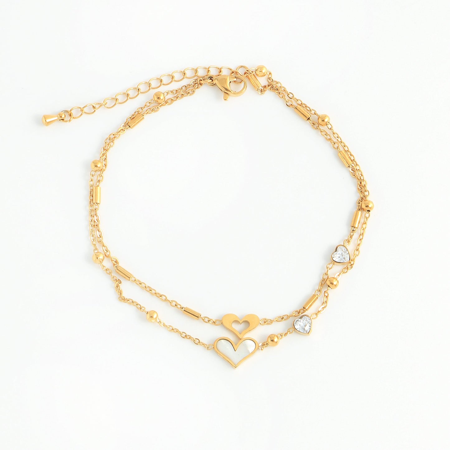 Casual Beach Heart-Shaped Anklet | 304 Stainless Steel with 18K Gold Plating & Zircon Inlay