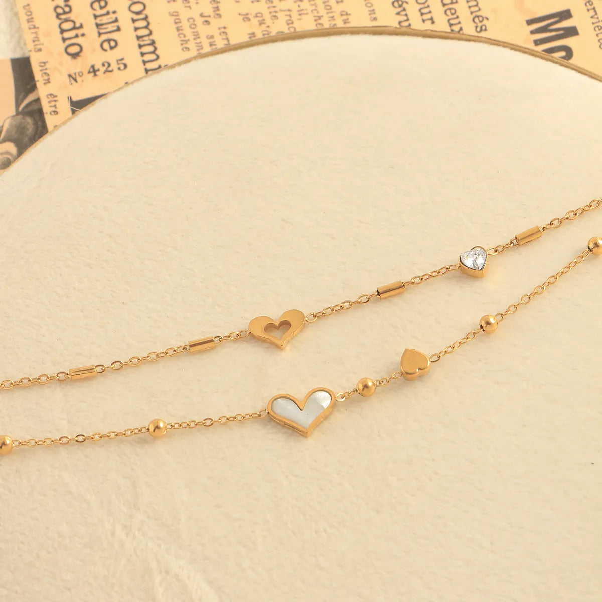 Casual Beach Heart-Shaped Anklet | 304 Stainless Steel with 18K Gold Plating & Zircon Inlay