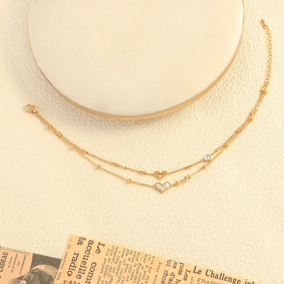 Casual Beach Heart-Shaped Anklet | 304 Stainless Steel with 18K Gold Plating & Zircon Inlay