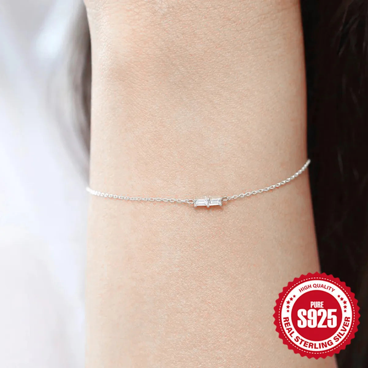 Simple Style Square Sterling Silver Bracelet with Zircon Inlay – Elegant Casual Accessory