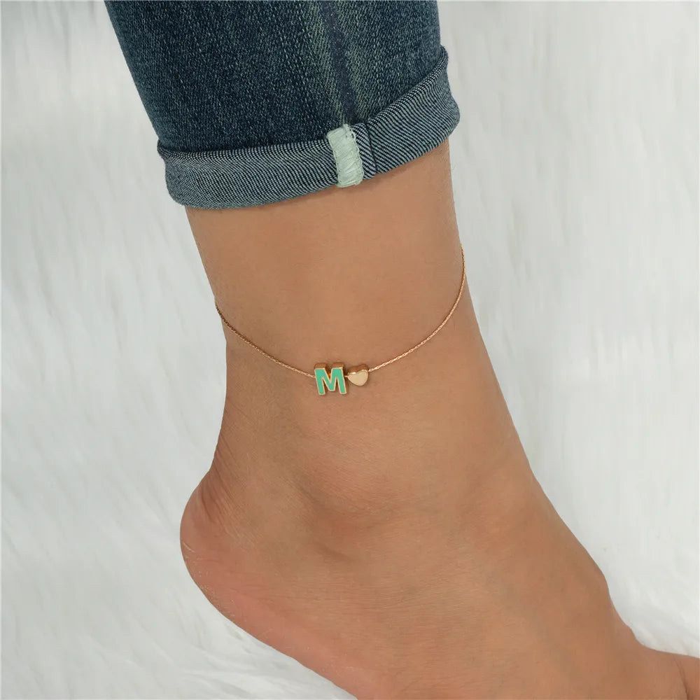 Hawaiian Vacation Tropical Letter & Heart Alloy Epoxy Anklet
