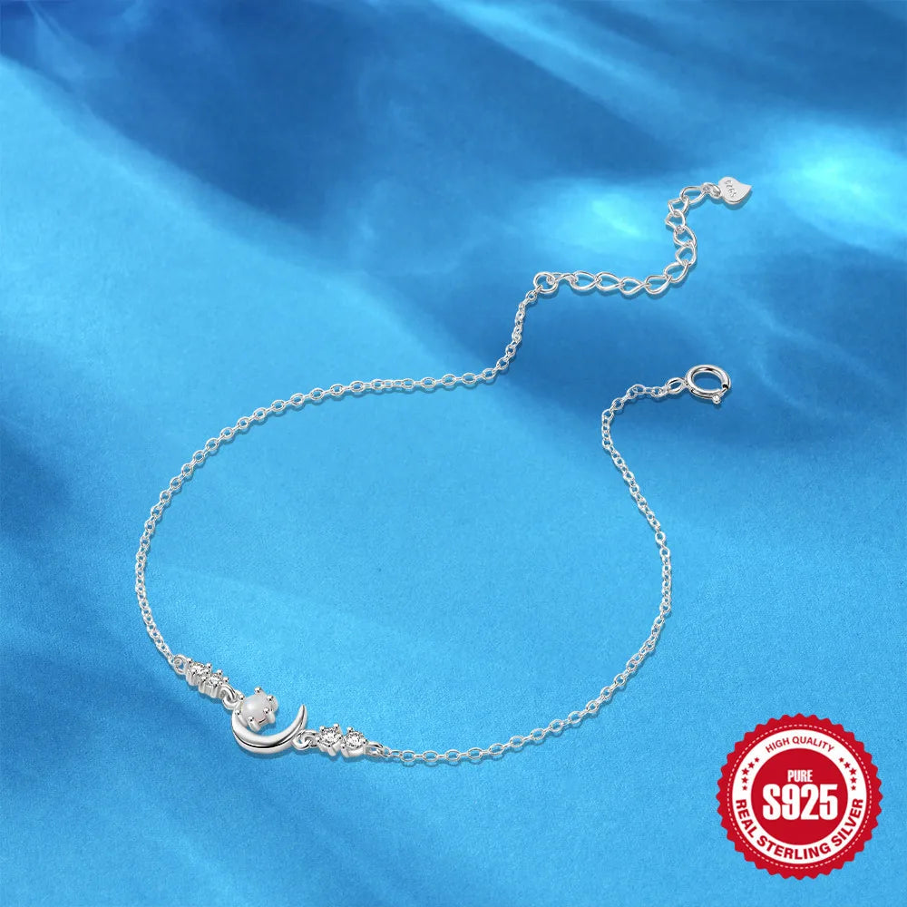 Shiny Geometric Moon Sterling Silver Anklet with Zircon Gem Inlay – Trendy IG Style