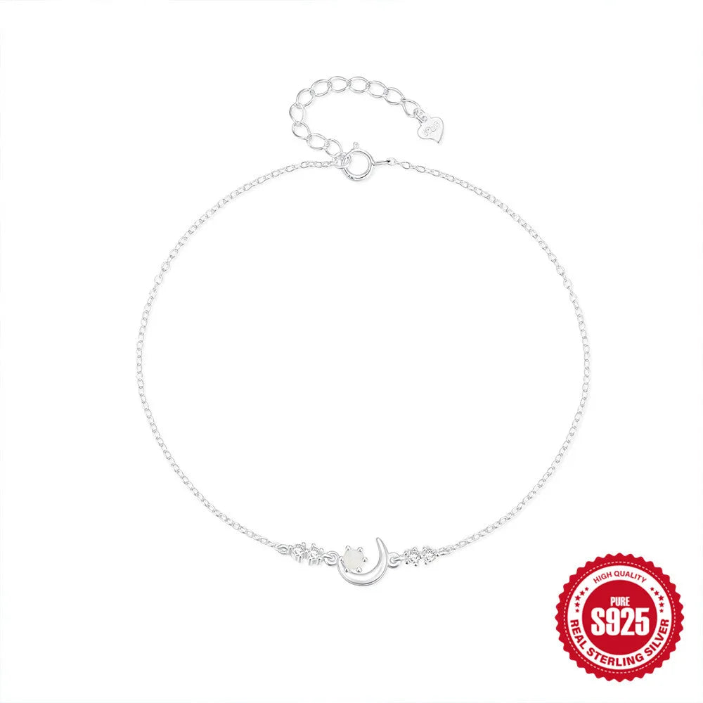 Shiny Geometric Moon Sterling Silver Anklet with Zircon Gem Inlay – Trendy IG Style