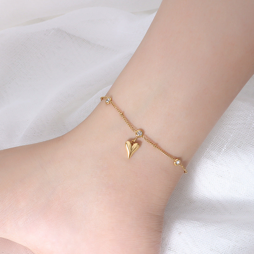 Peach Heart Titanium Steel Gold Plated Zircon Anklet – Trendy & Fashionable