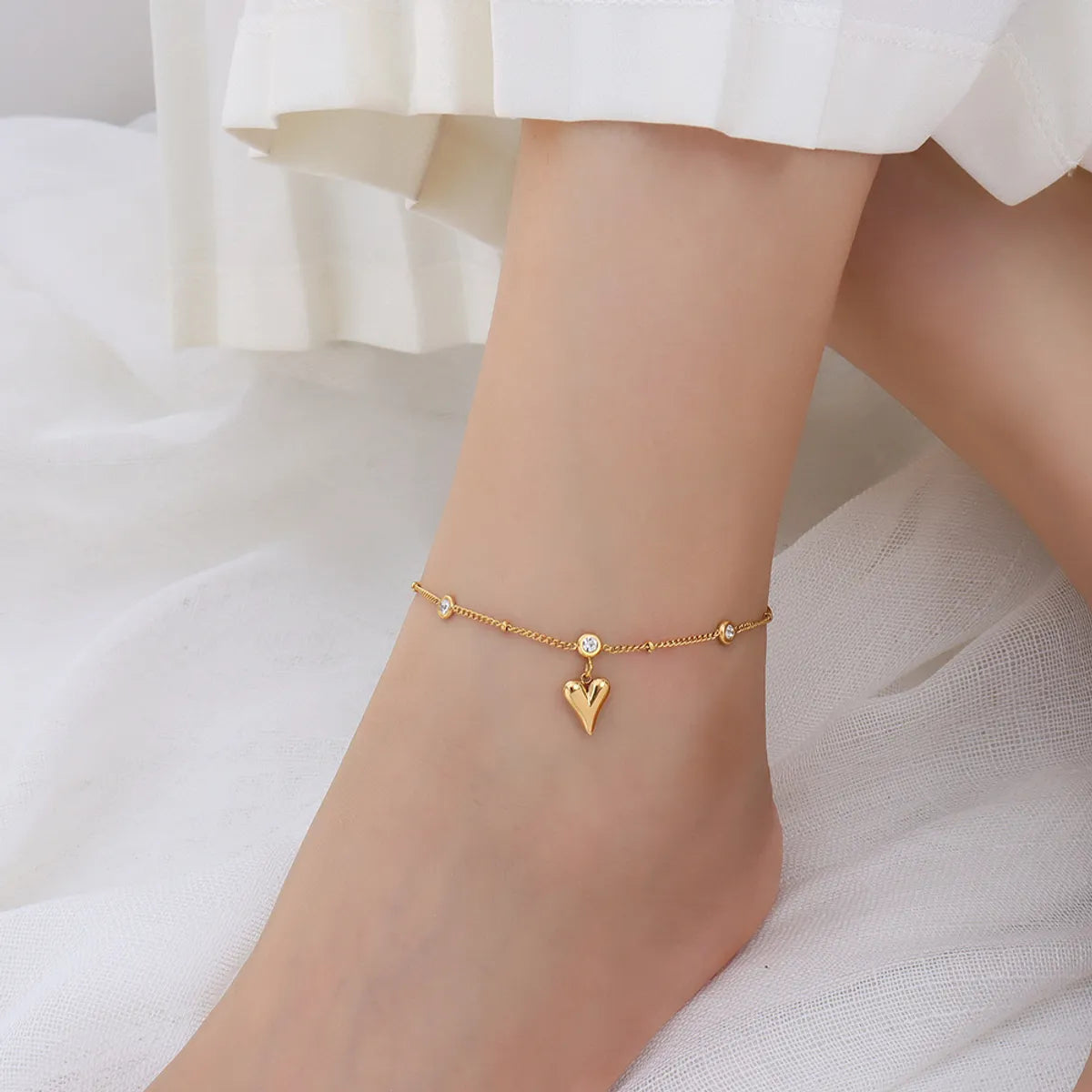Peach Heart Titanium Steel Gold Plated Zircon Anklet – Trendy & Fashionable