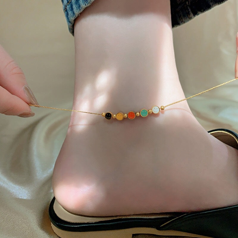 Colorful Smiley Face Anklet – Gold-Plated Copper, Fun Everyday Charm