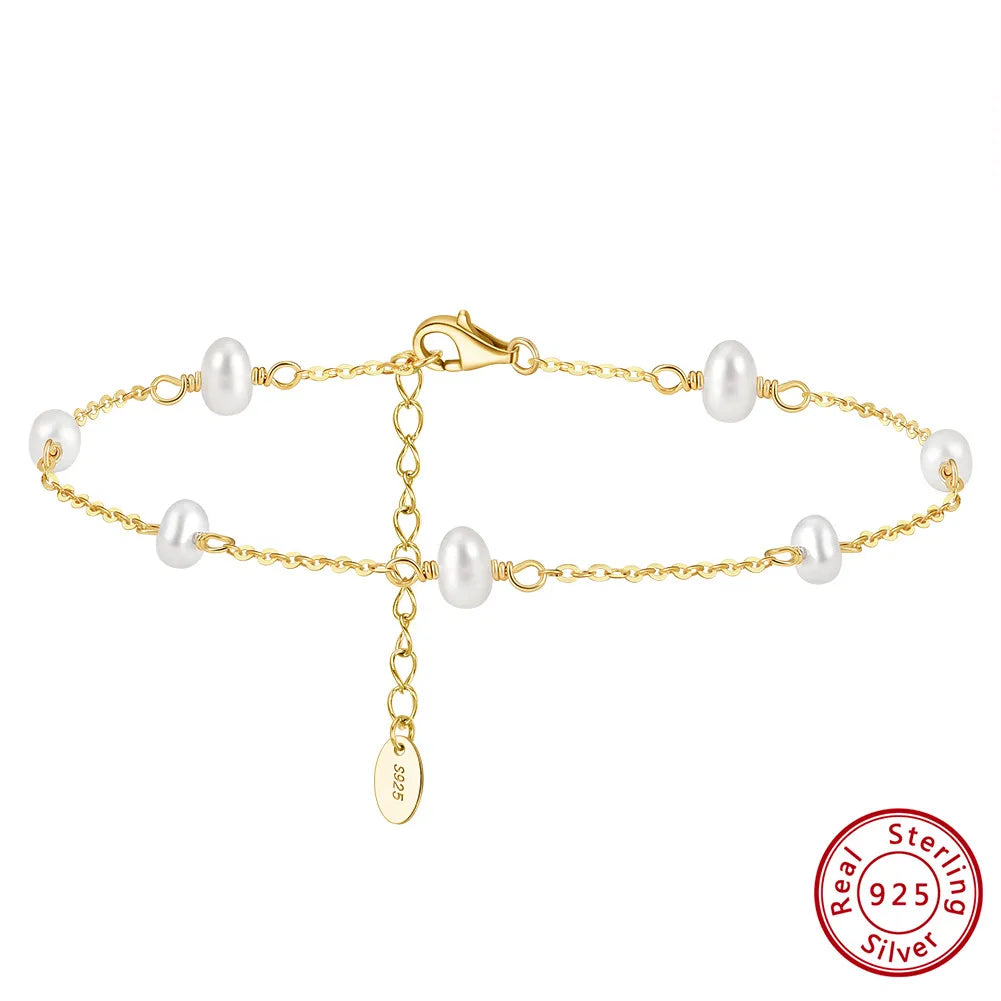 Sterling Silver Freshwater Pearl Anklet – 14K Gold Plated Charm by Dariya Jewelry