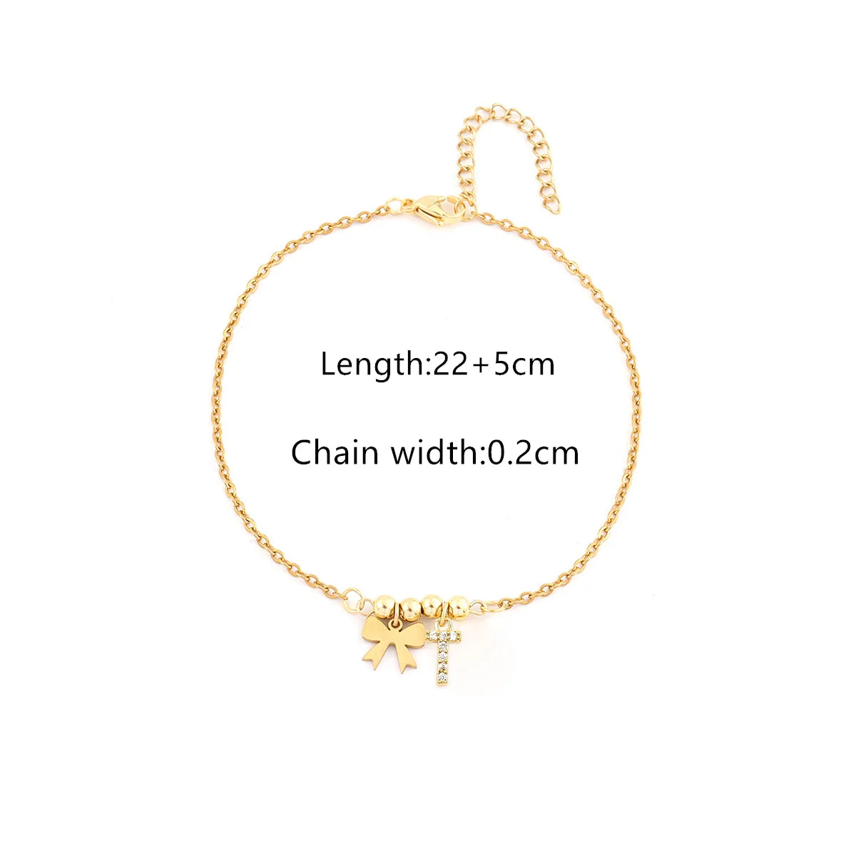 Personalized Letter & Bow Zircon Anklet – Gold Plated Stainless Steel, Gift Ready