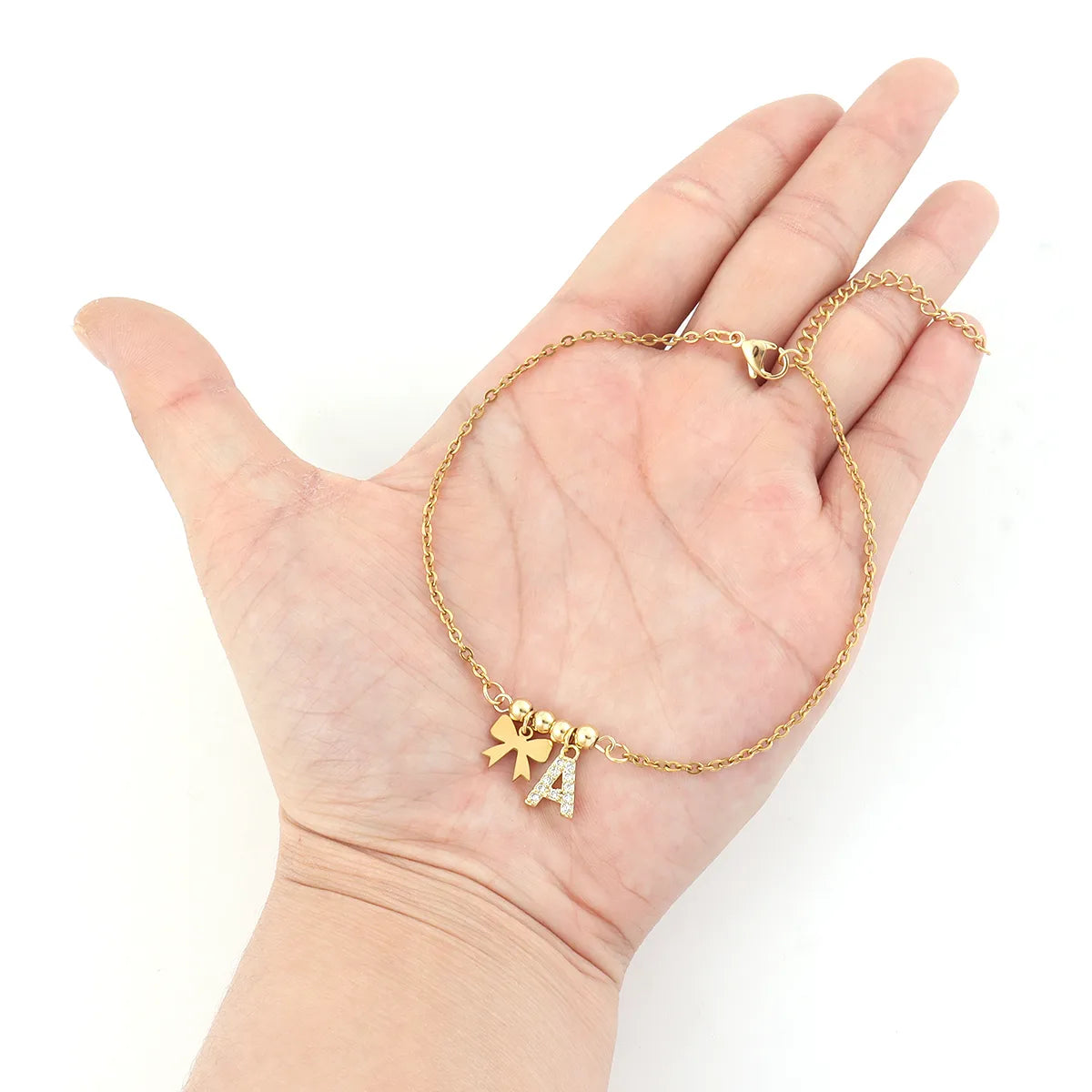 Personalized Letter & Bow Zircon Anklet – Gold Plated Stainless Steel, Gift Ready