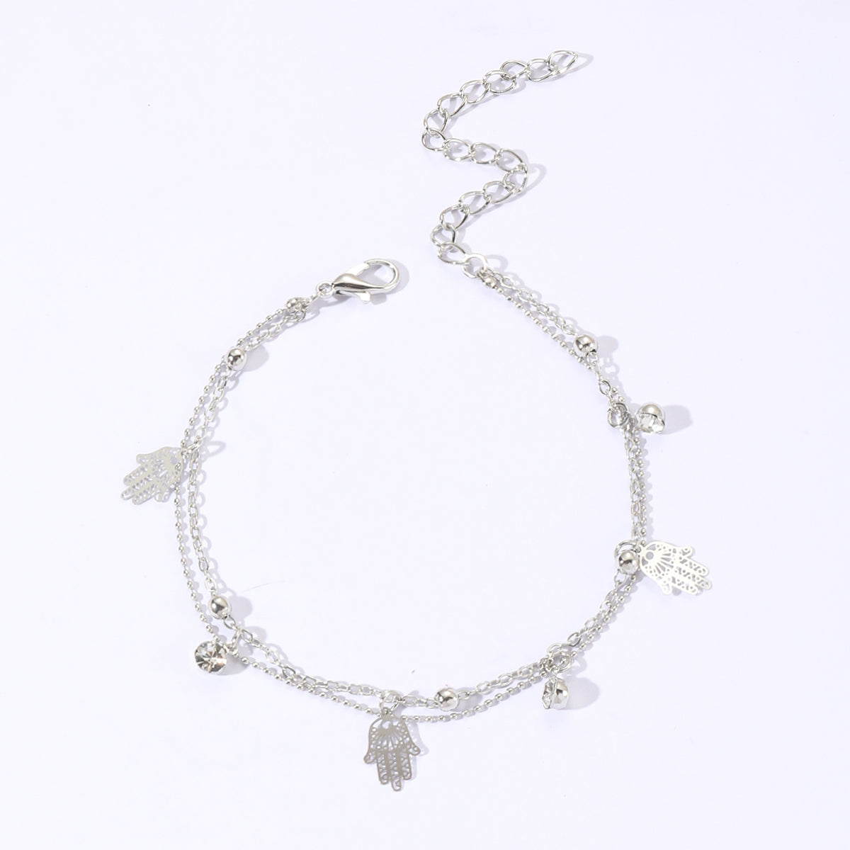Silver Plated Stainless Steel Anklet with Hamsa Charms – Unisex, Vacation Style | Dariya Jewelry