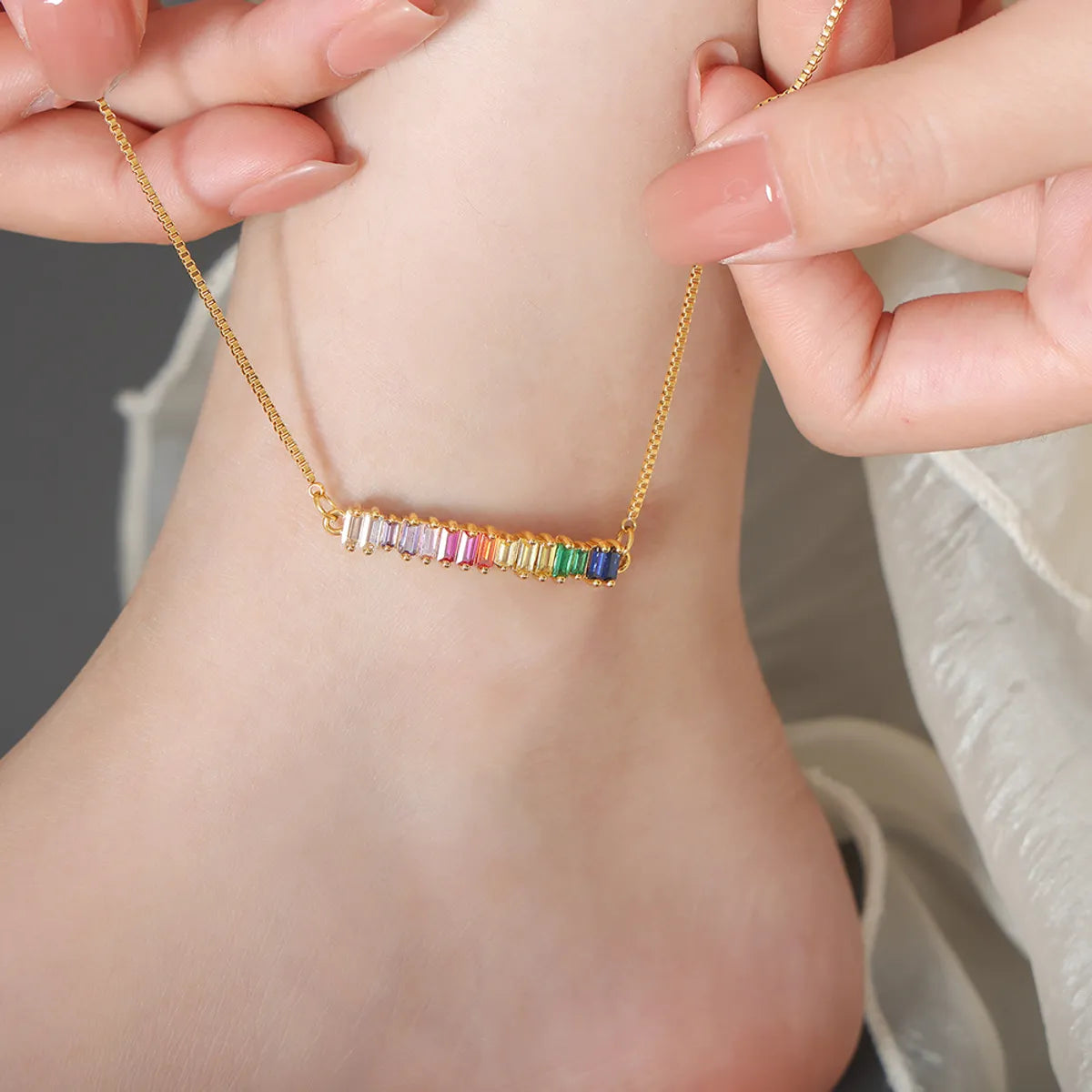Rainbow Zircon Rectangle Anklet – 18K Gold Plated Titanium Steel