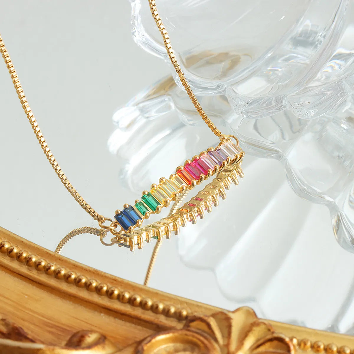 Rainbow Zircon Rectangle Anklet – 18K Gold Plated Titanium Steel
