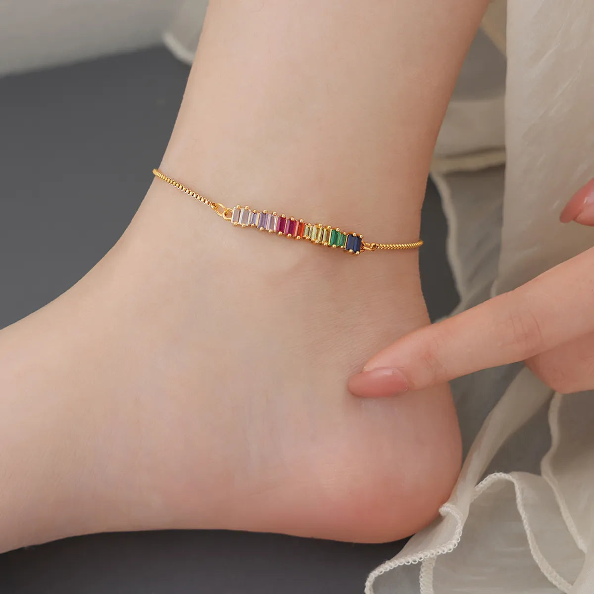 Rainbow Zircon Rectangle Anklet – 18K Gold Plated Titanium Steel