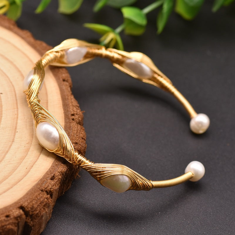 Retro Geometric Pearl & Turquoise 18K Gold Plated Bangle | Dariya Jewelry