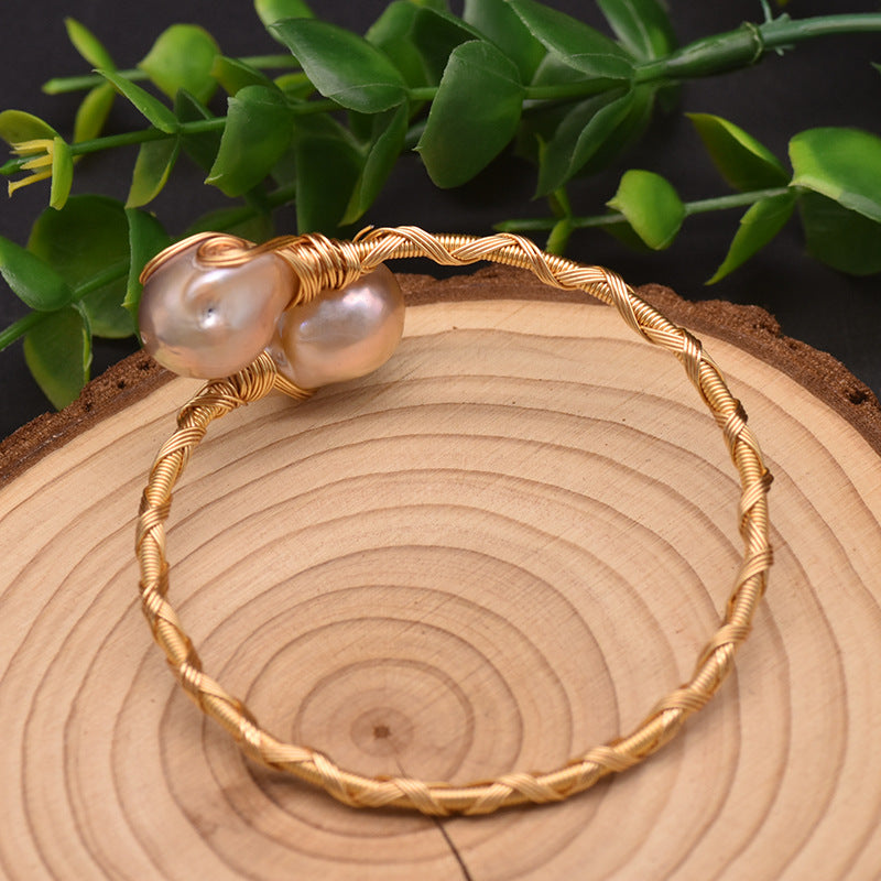 Retro Geometric Pearl & Turquoise 18K Gold Plated Bangle | Dariya Jewelry