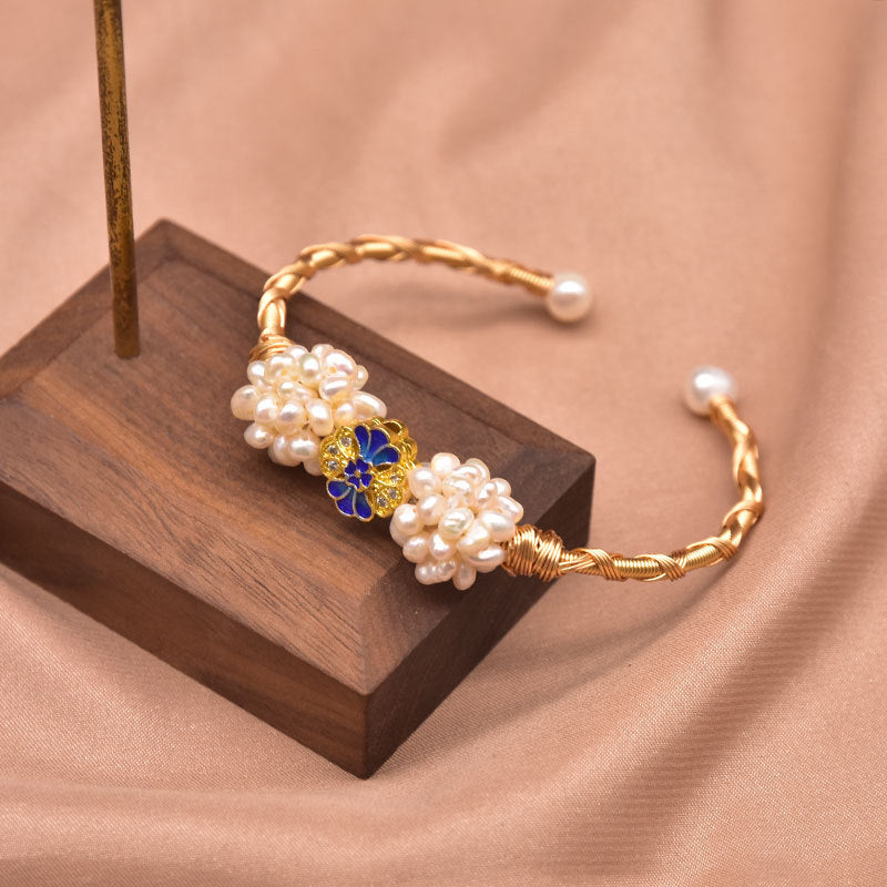 Retro Geometric Pearl & Turquoise 18K Gold Plated Bangle | Dariya Jewelry