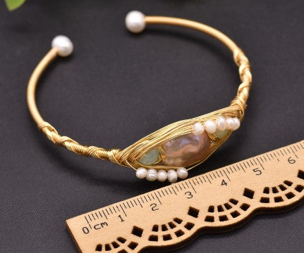 Retro Geometric Pearl & Turquoise 18K Gold Plated Bangle | Dariya Jewelry