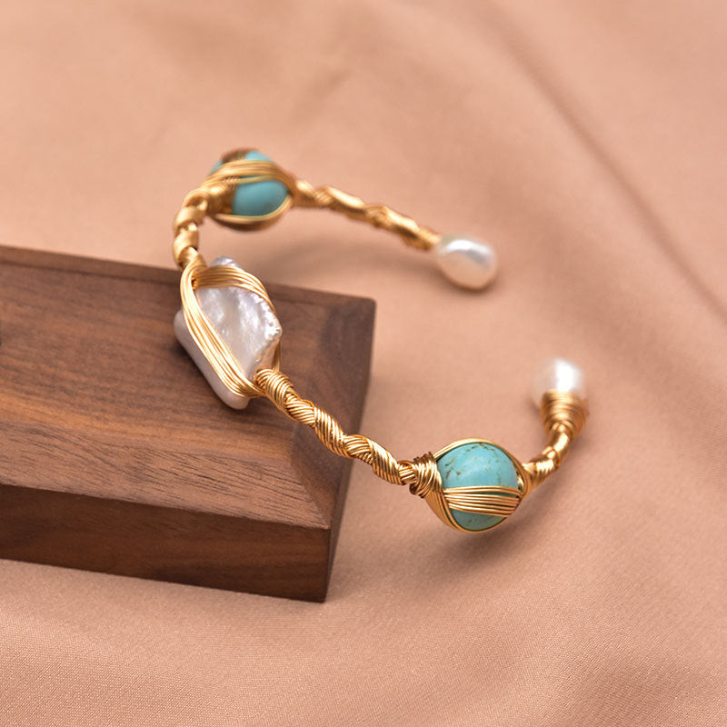 Retro Geometric Pearl & Turquoise 18K Gold Plated Bangle | Dariya Jewelry