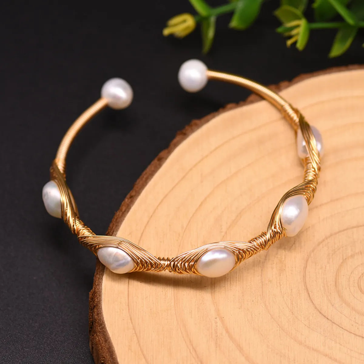 Retro Geometric Pearl & Turquoise 18K Gold Plated Bangle | Dariya Jewelry