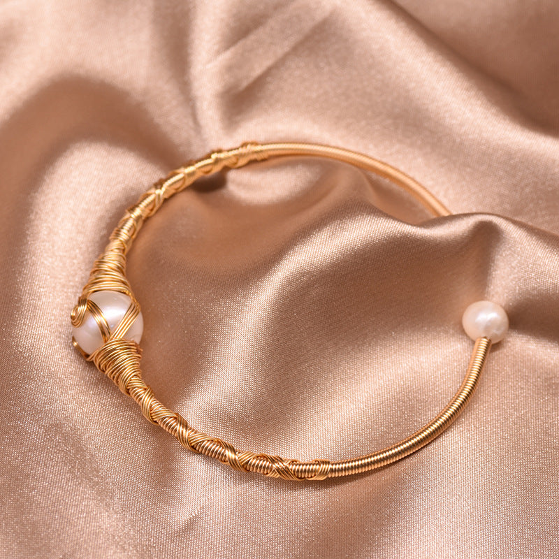 Retro Geometric Pearl & Turquoise 18K Gold Plated Bangle | Dariya Jewelry