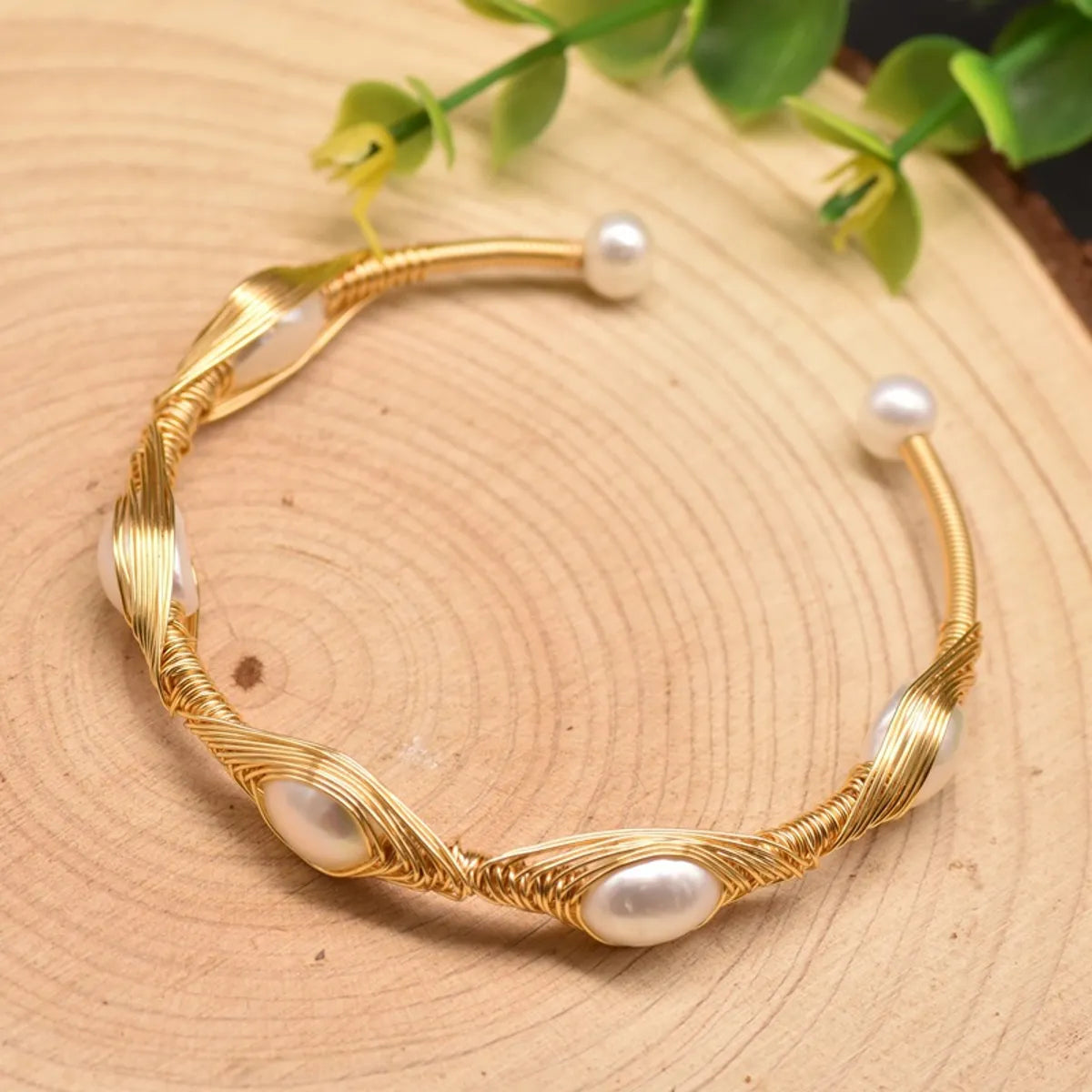 Retro Geometric Pearl & Turquoise 18K Gold Plated Bangle | Dariya Jewelry