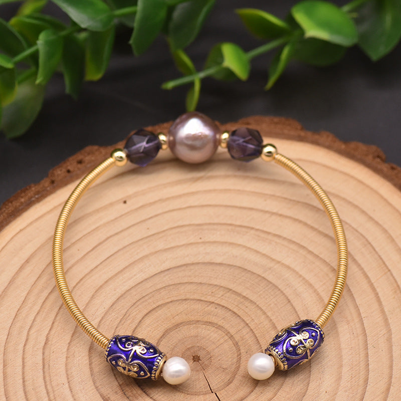 Retro Geometric Pearl & Turquoise 18K Gold Plated Bangle | Dariya Jewelry