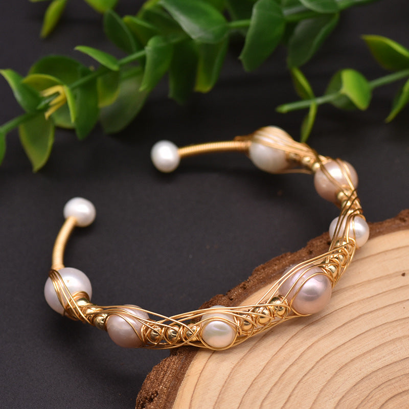 Retro Geometric Pearl & Turquoise 18K Gold Plated Bangle | Dariya Jewelry