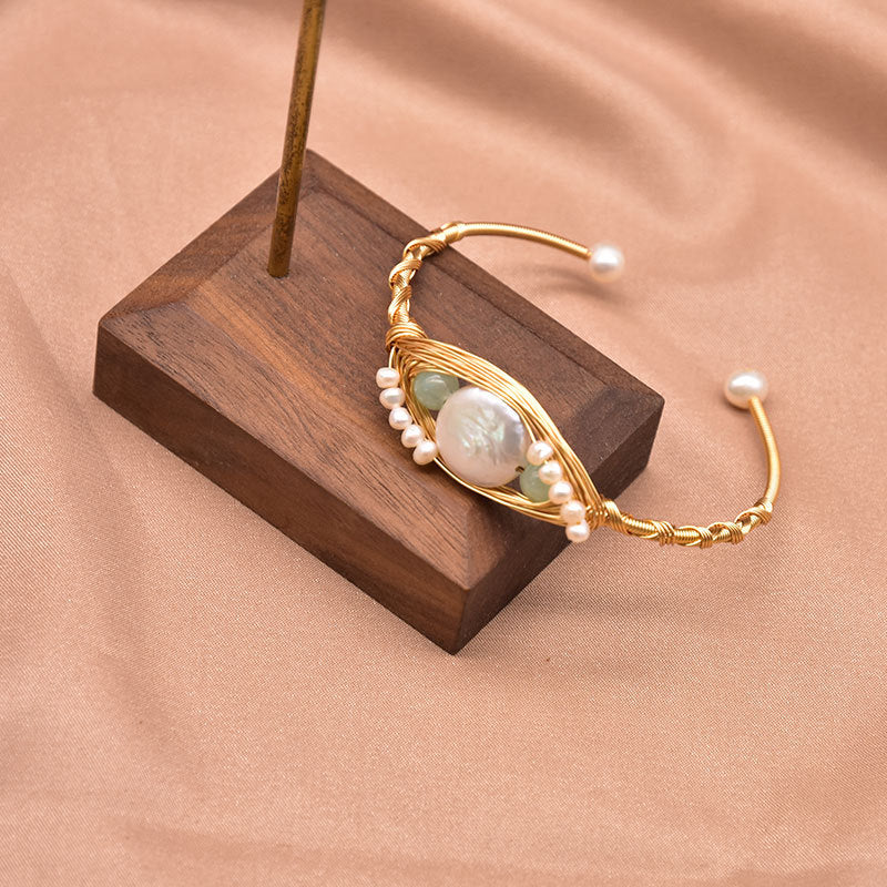 Retro Geometric Pearl & Turquoise 18K Gold Plated Bangle | Dariya Jewelry