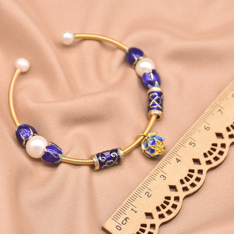 Retro Geometric Pearl & Turquoise 18K Gold Plated Bangle | Dariya Jewelry