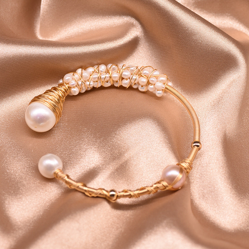 Retro Geometric Pearl & Turquoise 18K Gold Plated Bangle | Dariya Jewelry