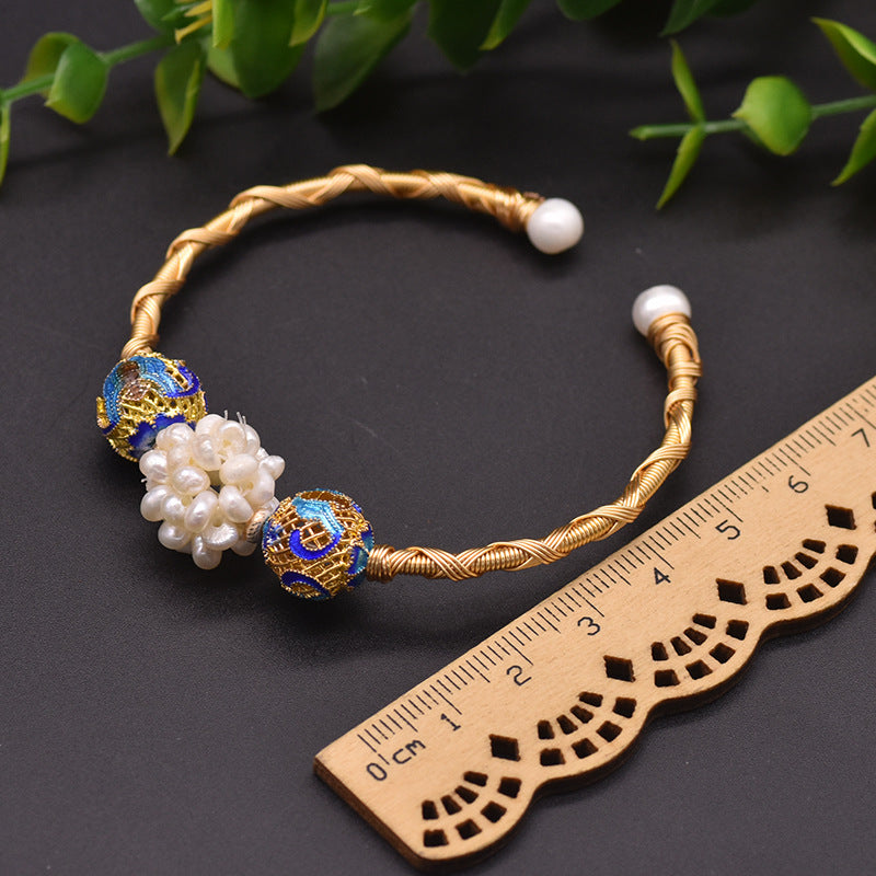 Retro Geometric Pearl & Turquoise 18K Gold Plated Bangle | Dariya Jewelry