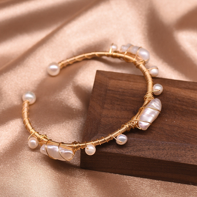 Retro Geometric Pearl & Turquoise 18K Gold Plated Bangle | Dariya Jewelry