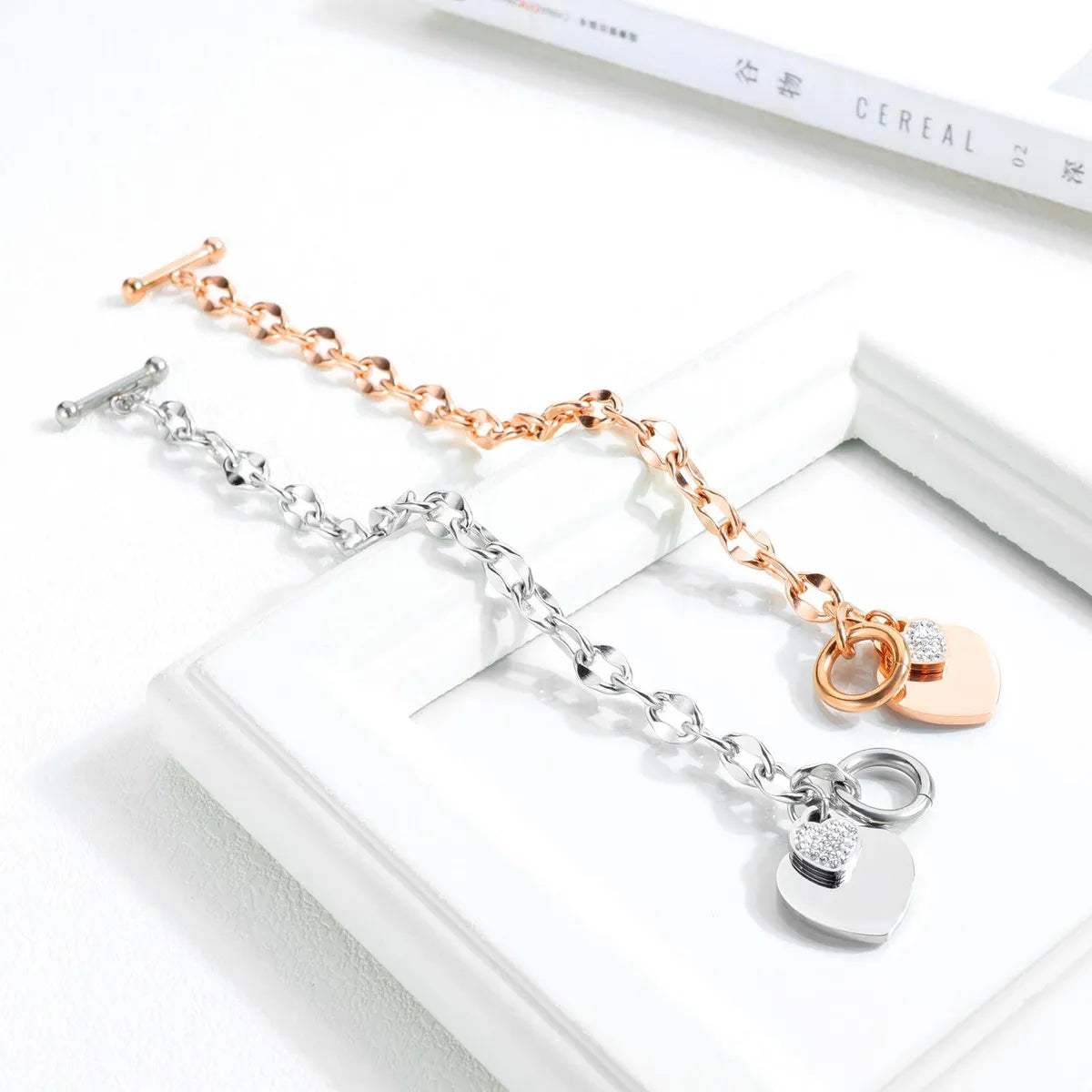 Heart Charm Titanium Steel Bracelet – Rose Gold & Silver | Dariya Jewelry