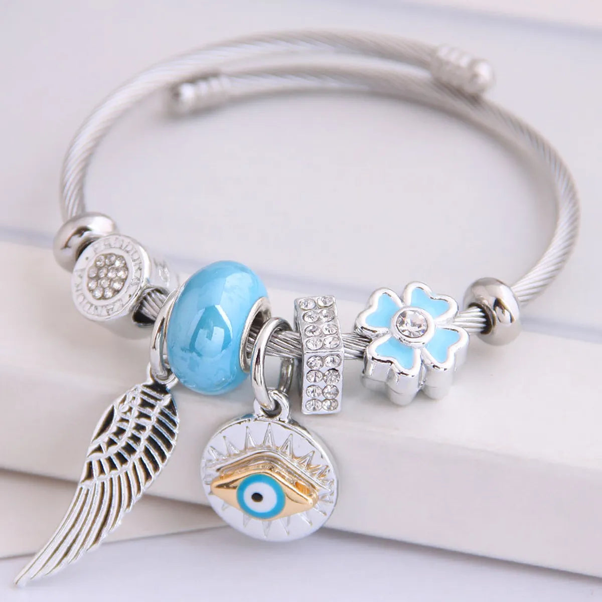 Metal DL Angel Wings & Demon Eye Pendant Bangle - Multi-Element, Rhinestone-Studded, Copper Bracelet(SKU:BDIY105)