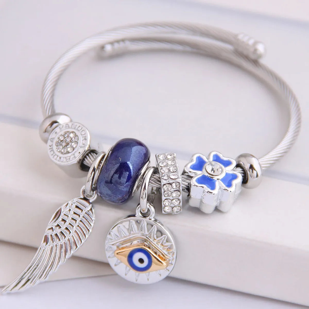 Metal DL Angel Wings & Demon Eye Pendant Bangle - Multi-Element, Rhinestone-Studded, Copper Bracelet(SKU:BDIY105)