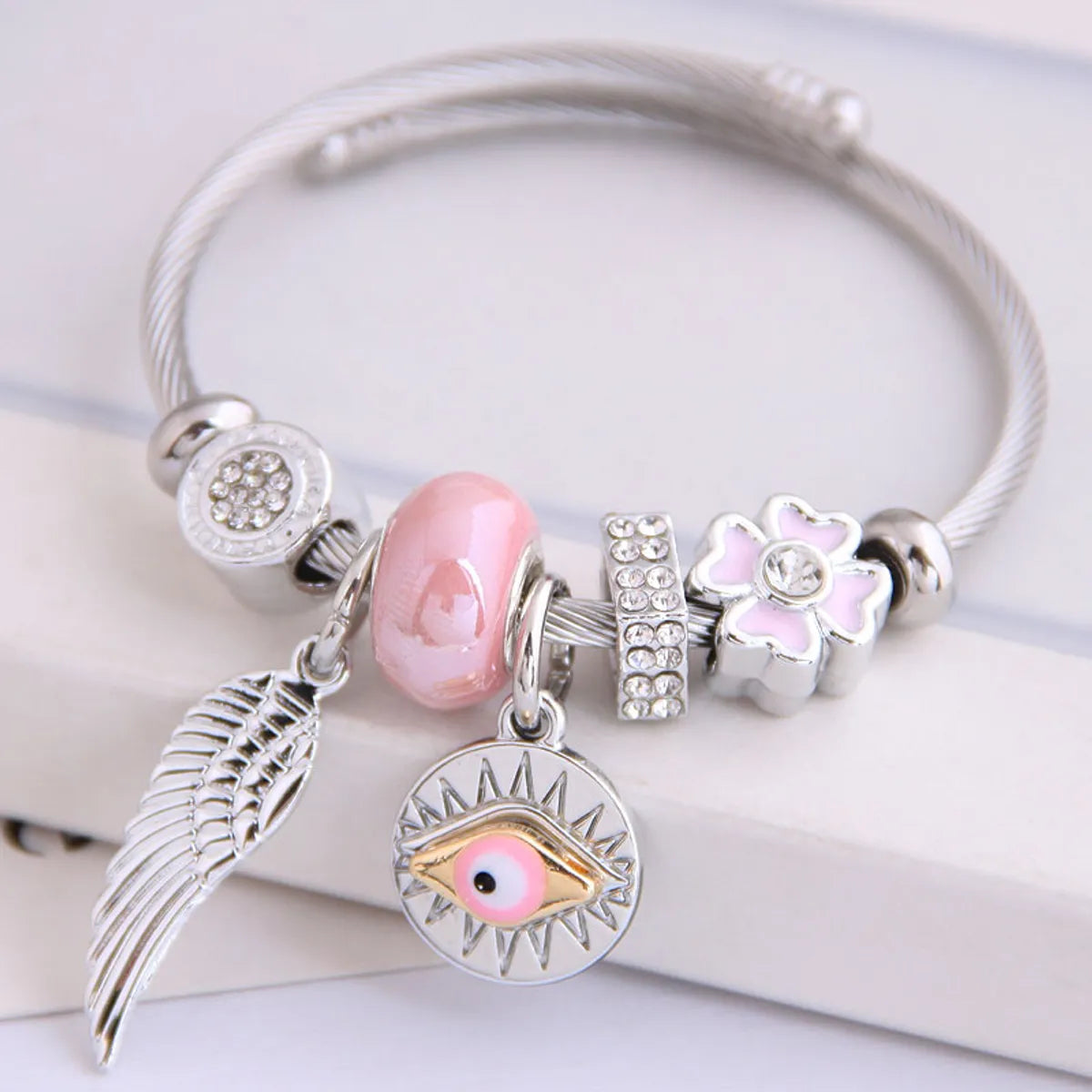 Metal DL Angel Wings & Demon Eye Pendant Bangle - Multi-Element, Rhinestone-Studded, Copper Bracelet(SKU:BDIY105)