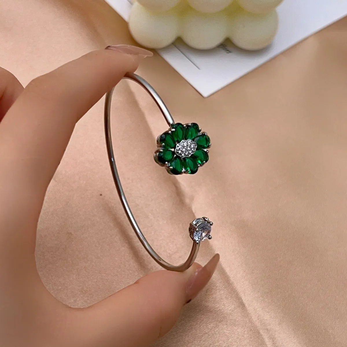 Elegant Flower Zircon Open Bangle – Gold & White Gold Plated Copper Cuff