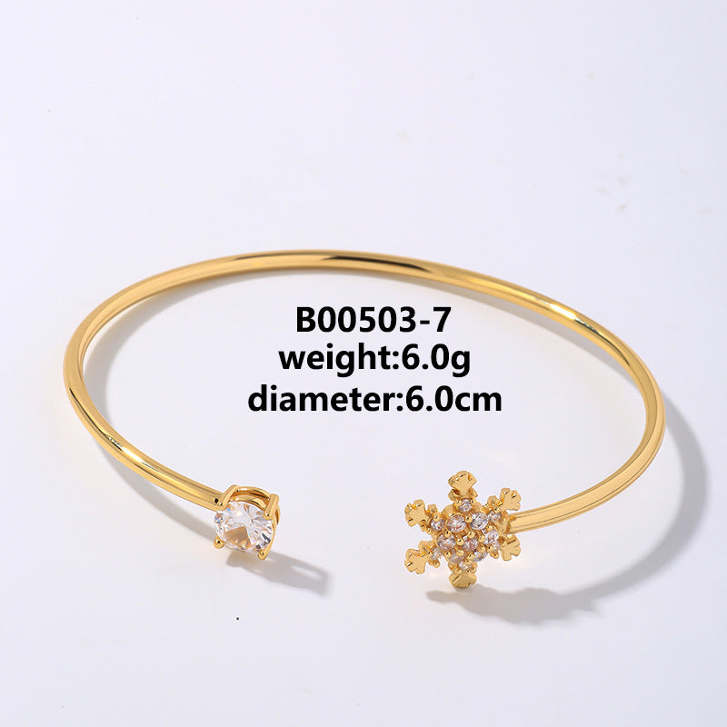 Elegant Flower Zircon Open Bangle – Gold & White Gold Plated Copper Cuff