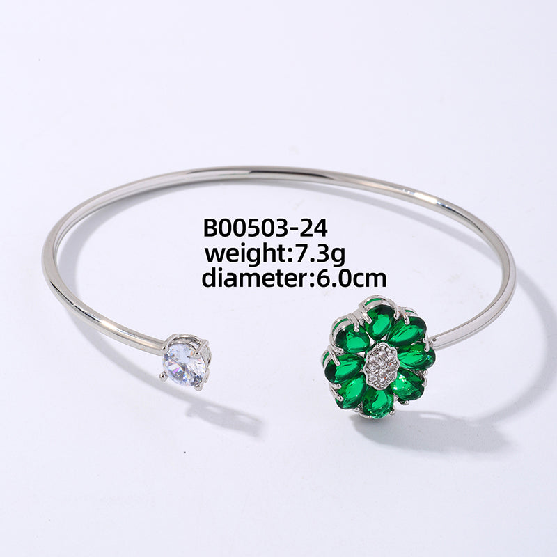 Elegant Flower Zircon Open Bangle – Gold & White Gold Plated Copper Cuff