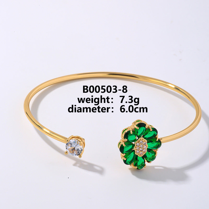 Elegant Flower Zircon Open Bangle – Gold & White Gold Plated Copper Cuff