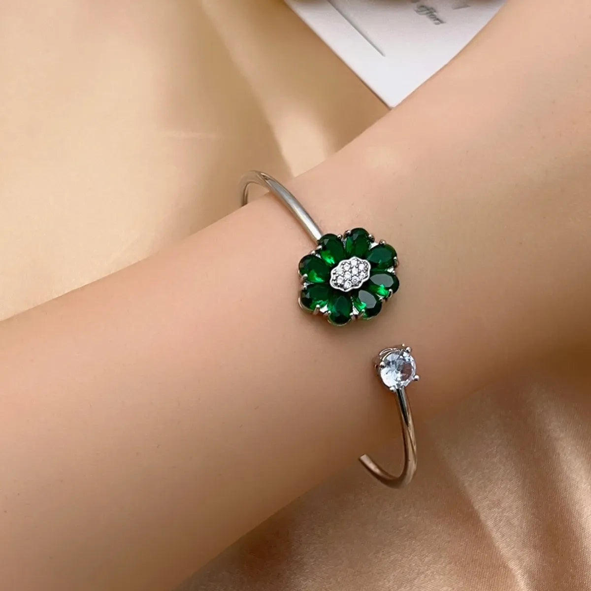 Elegant Flower Zircon Open Bangle – Gold & White Gold Plated Copper Cuff