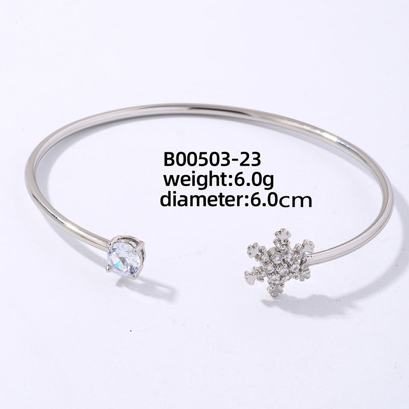 Elegant Flower Zircon Open Bangle – Gold & White Gold Plated Copper Cuff