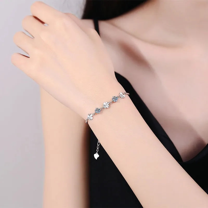 Sterling Silver Clover Bracelet with Moissanite & Zircon – GRA Certified