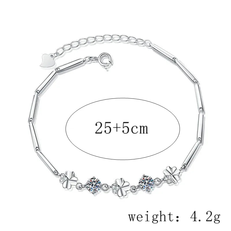 Sterling Silver Clover Bracelet with Moissanite & Zircon – GRA Certified