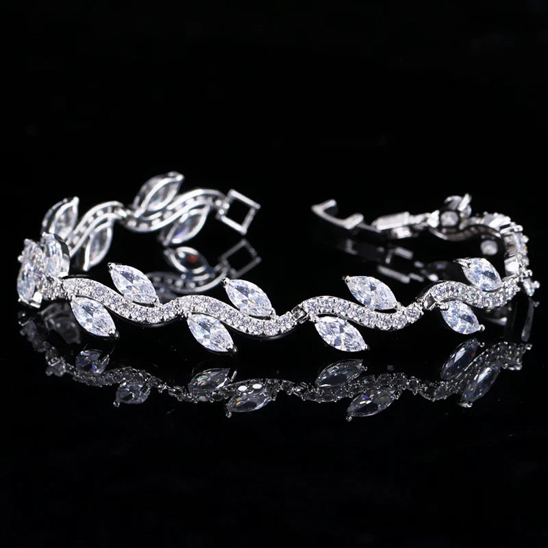Elegant Glam Leaf Design Copper Bracelet with Zircon Inlay – White Gold Plated